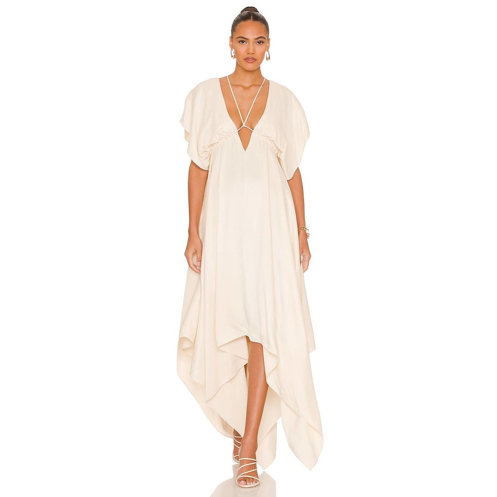 New L’academie Arav Ivory Midi Dress Plunge Neck Backless Flutter Sleeve Sz XL